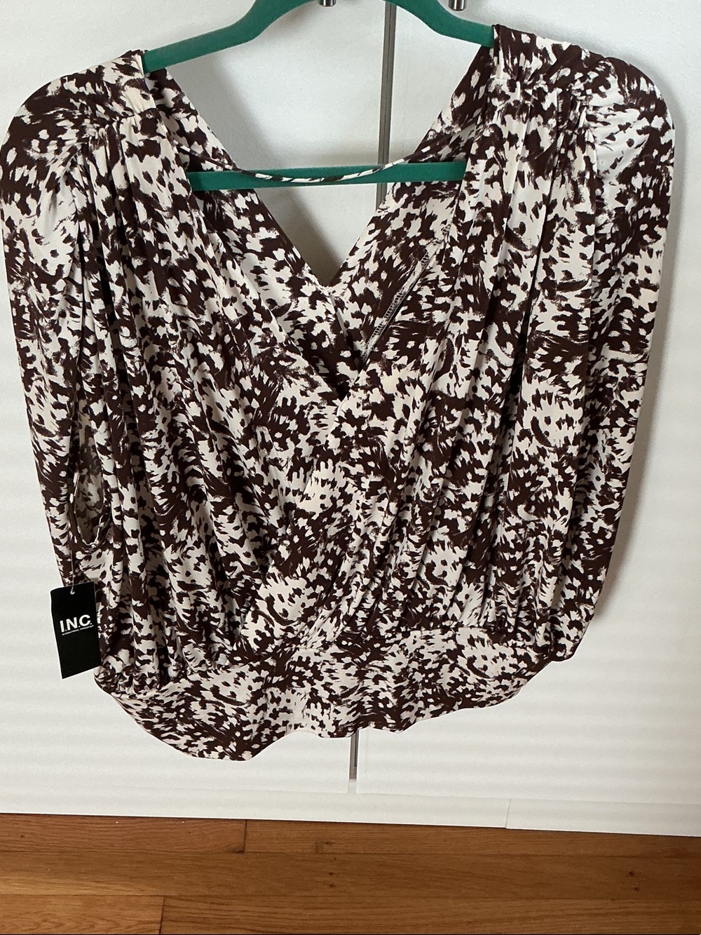 INC International Concepts Brown and White Printed Wrap-Style Blouse